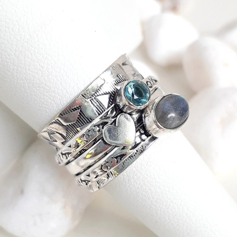 925 Sterling Moonstone & Sapphire Spinner Ring - Picture 10 of 11